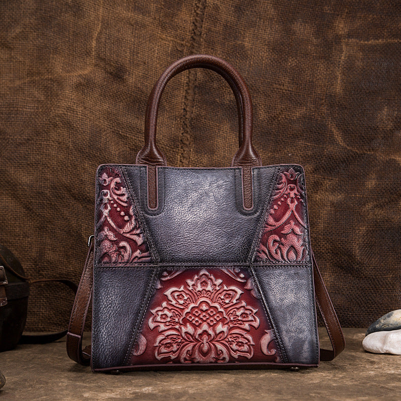Vintage Tree Embossed Leather Handbag - First Layer Cowhide Retro Women's Purse with Floral Hand-Painting (25x23x11cm)