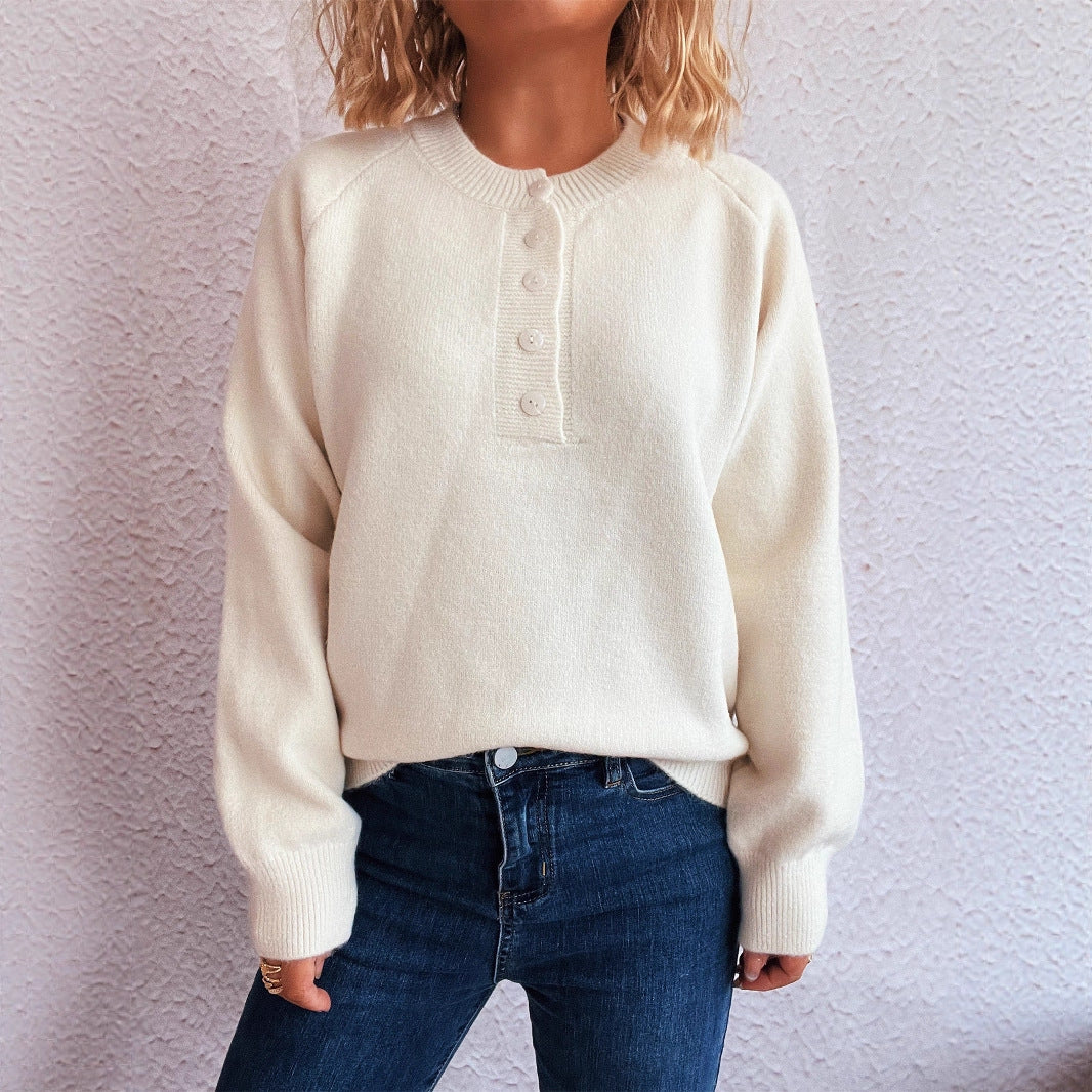 Women's Solid Color Buttons Casual Knitted Round Neck Long Sleeve Warm Sweater