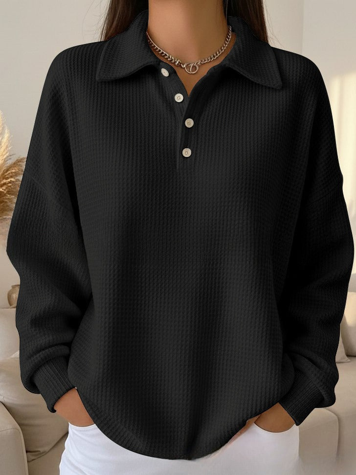 Loose Solid Color Versatile Lapel Polo Shirt Waffle Long Sleeve