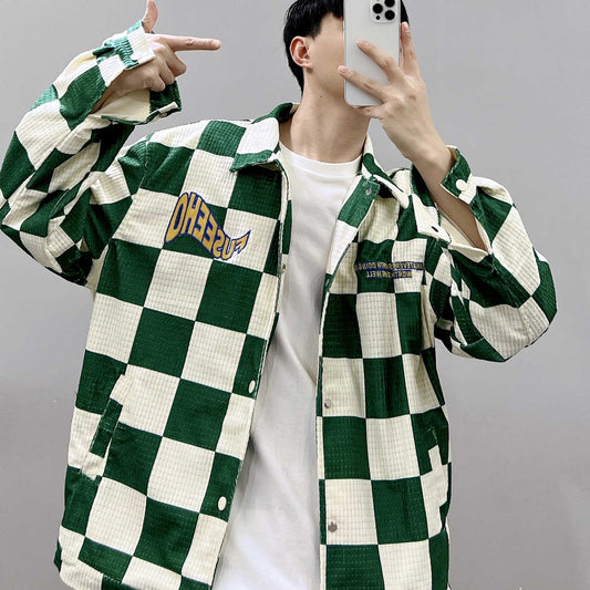 Retro Green Plaid Lapel Jacket - Loose Fit Printed Polyester Casual Coat