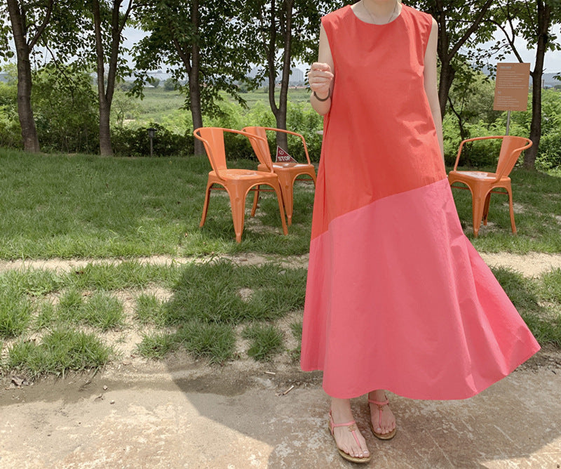 Sleeveless contrast color stitching dress women