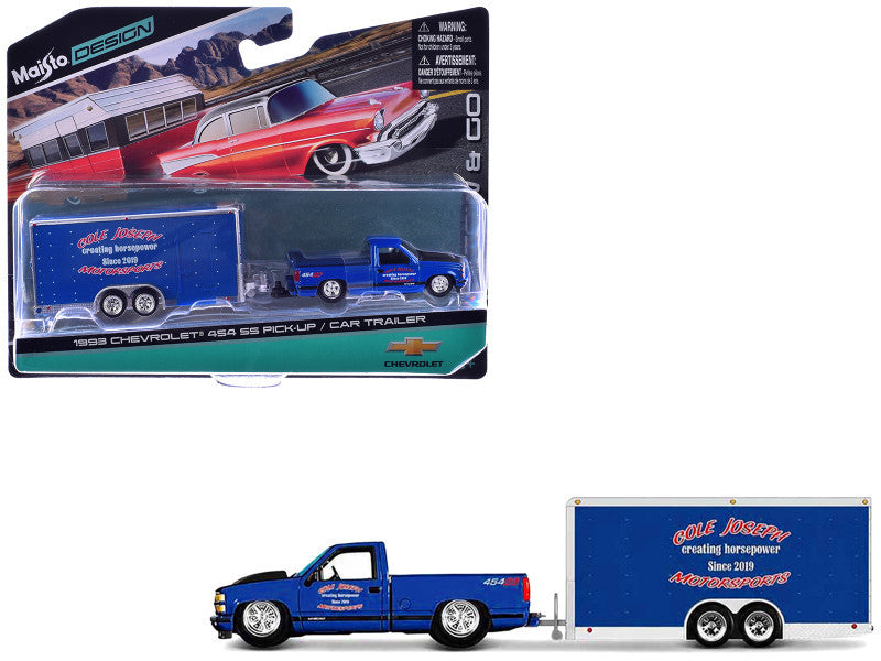 1993 Chevrolet 454 SS Pickup Truck Blue Metallic with Black Hood and Car Trailer Blue Metallic "Cole Joseph Motorsports" "Tow & Go" Series 1/64 Diecast Model Car by Maisto