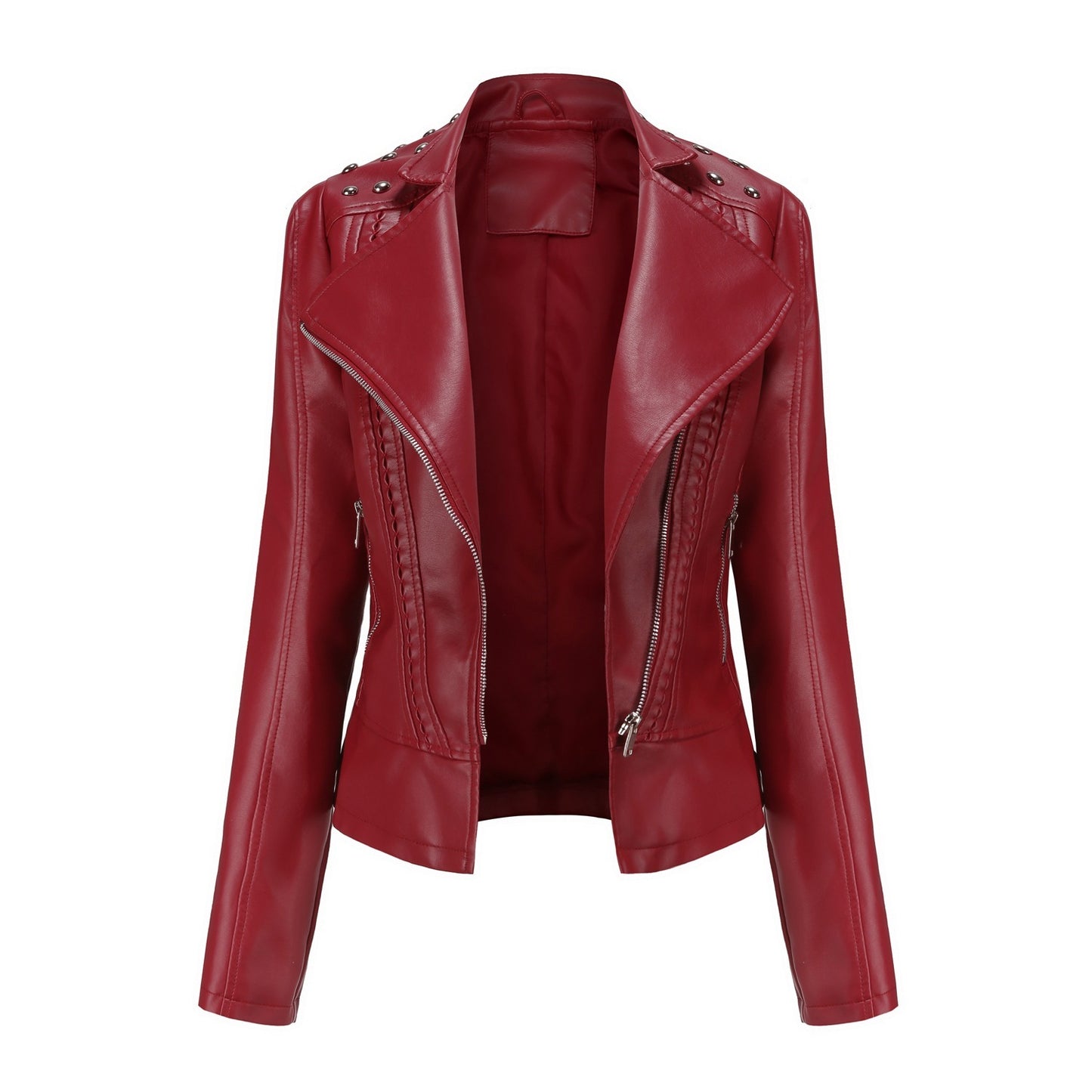 Women's Beaded Faux Leather Jacket - Long Sleeve Street Fashion Motorcycle Coat (Black/Red/Purple/Pink/Camel/Beige, XS-XXL)