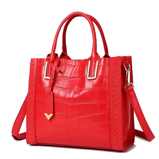 Korean-Style Woven Leather Handbag for Women - First-Layer Cowhide Crocodile-Pattern Tote with Multiple Pockets (Red/Blue/Black/Pink)