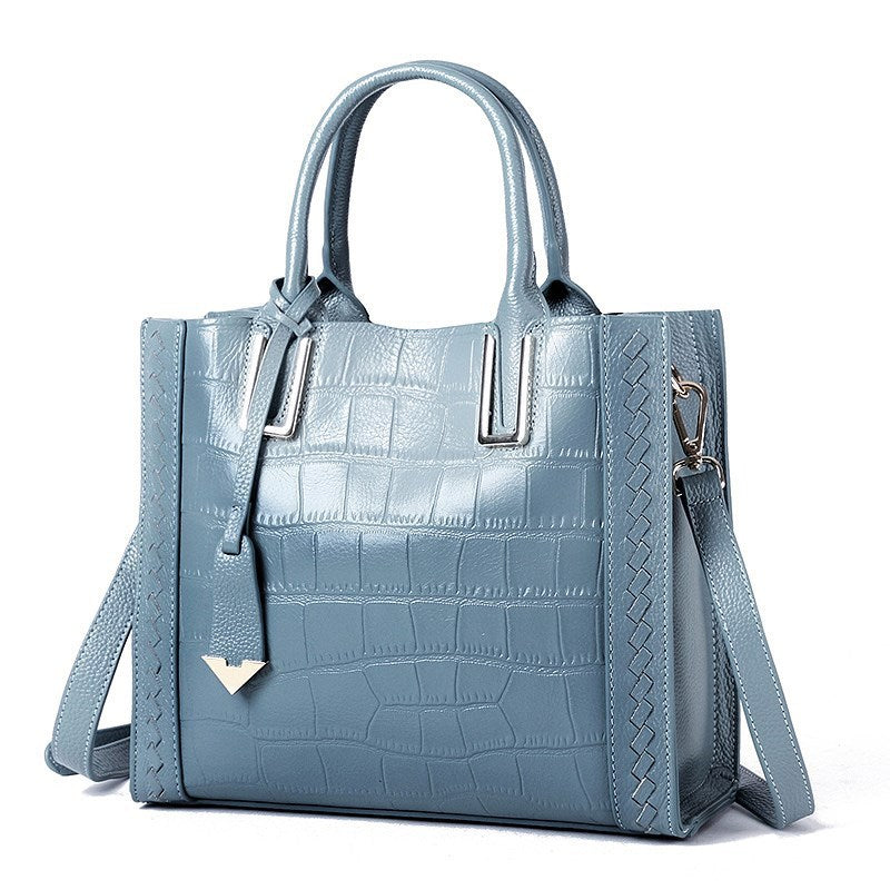 Korean-Style Woven Leather Handbag for Women - First-Layer Cowhide Crocodile-Pattern Tote with Multiple Pockets (Red/Blue/Black/Pink)