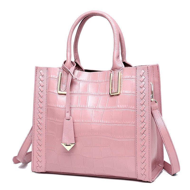 Korean-Style Woven Leather Handbag for Women - First-Layer Cowhide Crocodile-Pattern Tote with Multiple Pockets (Red/Blue/Black/Pink)