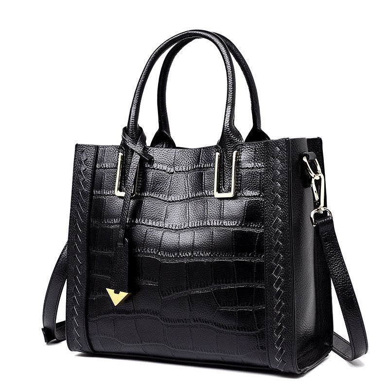 Korean-Style Woven Leather Handbag for Women - First-Layer Cowhide Crocodile-Pattern Tote with Multiple Pockets (Red/Blue/Black/Pink)