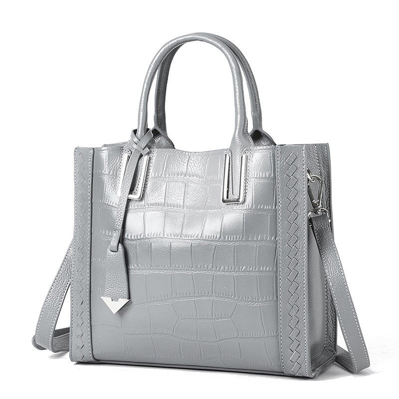 Korean-Style Woven Leather Handbag for Women - First-Layer Cowhide Crocodile-Pattern Tote with Multiple Pockets (Red/Blue/Black/Pink)