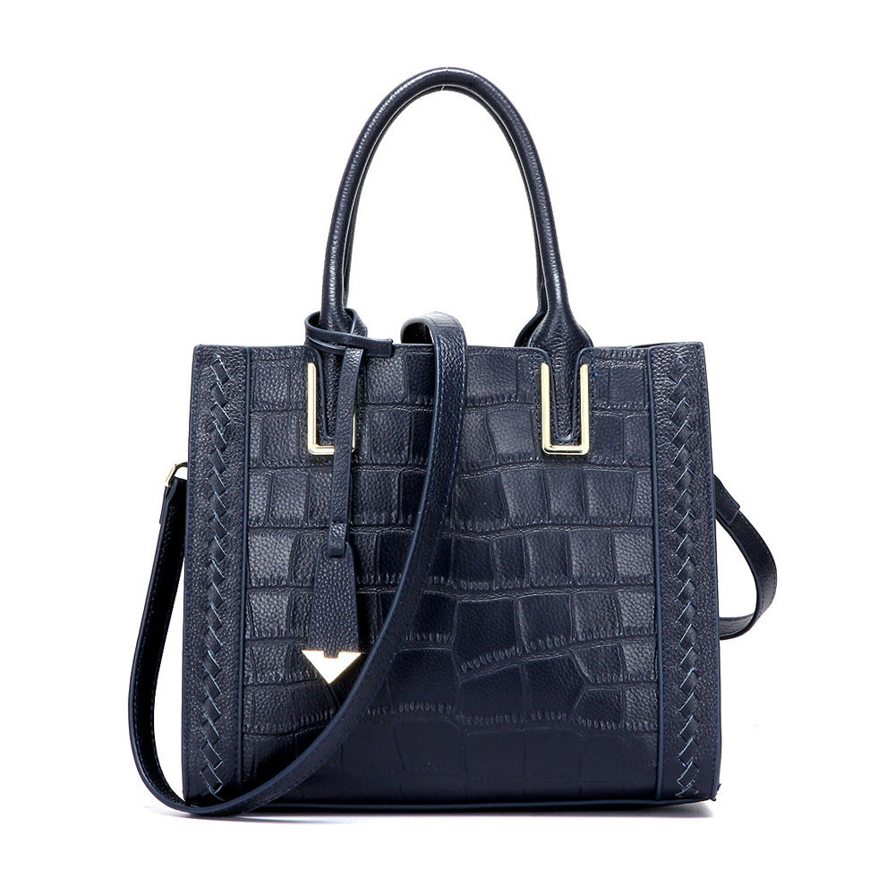 Korean-Style Woven Leather Handbag for Women - First-Layer Cowhide Crocodile-Pattern Tote with Multiple Pockets (Red/Blue/Black/Pink)