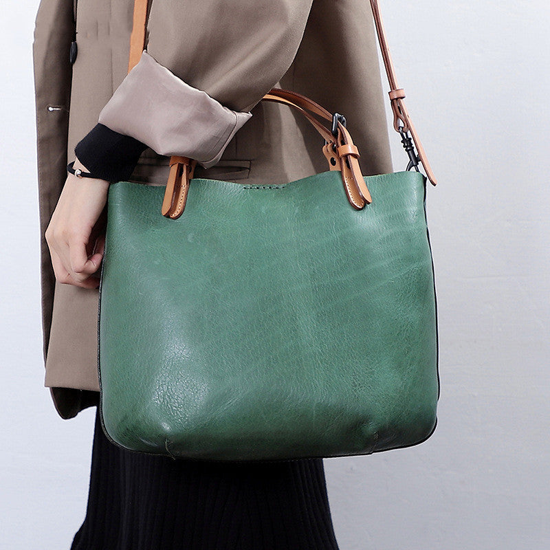 Vintage First-Layer Cowhide Mother & Child Handbag - Retro Dumpling-Style Leather Tote with Genuine Leather Lining (30x26x11cm)Vintage First-Layer Cowhide Mother & Child Handbag - Retro Dumpling-Style Leather Tote with Genuine Leather Lining (30x26x11cm)