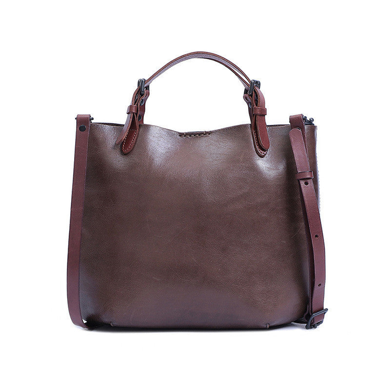 Vintage First-Layer Cowhide Mother & Child Handbag - Retro Dumpling-Style Leather Tote with Genuine Leather Lining (30x26x11cm)Vintage First-Layer Cowhide Mother & Child Handbag - Retro Dumpling-Style Leather Tote with Genuine Leather Lining (30x26x11cm)