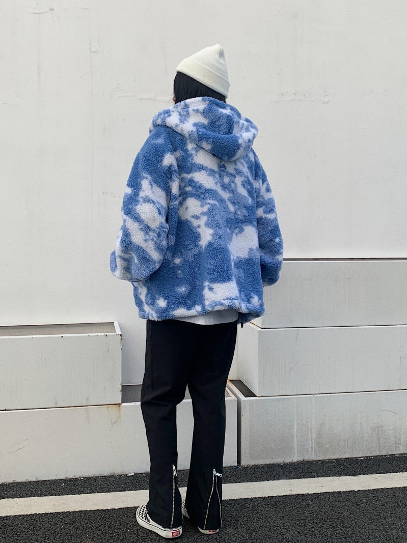 Dark Night Night Autumn And Winter Blue Sky High Street Men Loose Hip-Hop Trend Lamb Plush Thick Hooded Couple Jacket Women