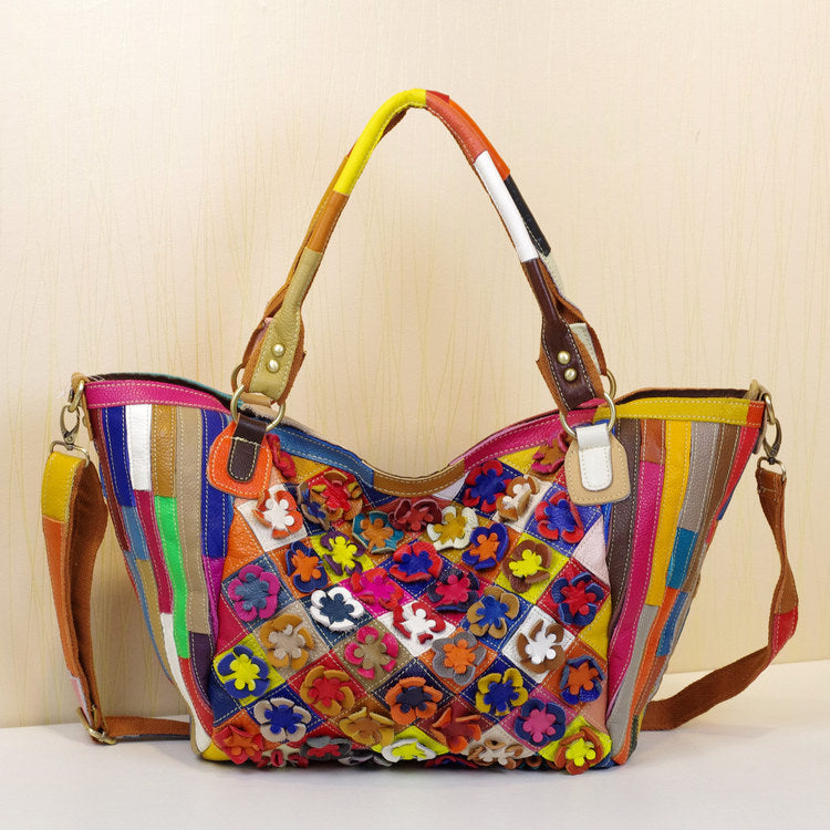 Vibrant Floral Leather Shoulder Bag – Bold Contrast &amp; Street Fashion