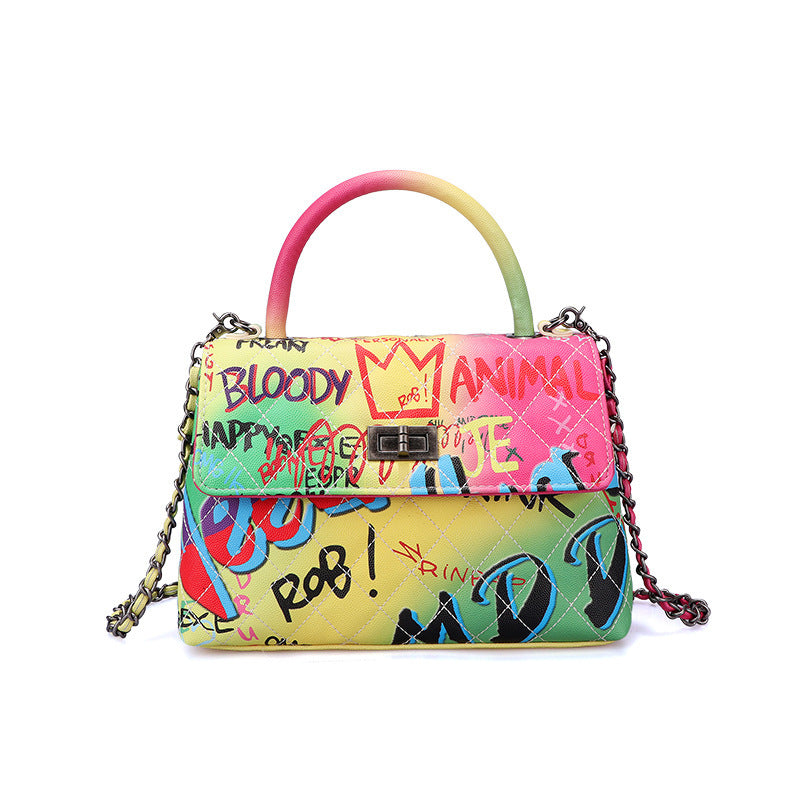 LadyShow Graffiti Print Handbag for Women - PU Leather Artistic Letter Print Shoulder Bag with Lock Closure (Medium-Soft, Hard Handle)