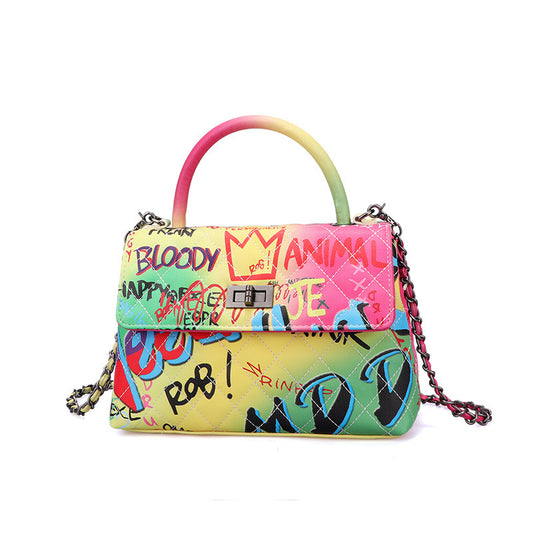 LadyShow Graffiti Print Handbag for Women - PU Leather Artistic Letter Print Shoulder Bag with Lock Closure (Medium-Soft, Hard Handle)