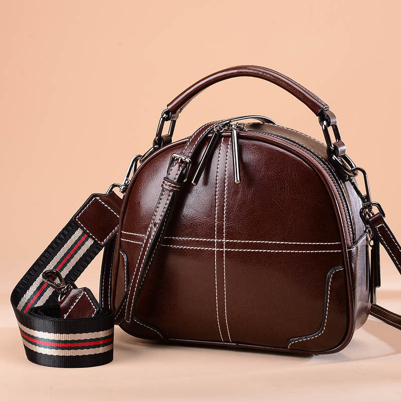Classic Leather Handbag for Women - Round Two-Layer Cowhide Purse with Double Soft Handles (Wine Red/Black/Brown, 21x18.5x9cm)