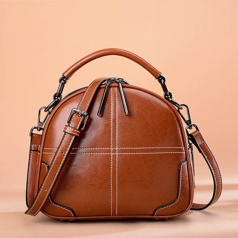 Classic Leather Handbag for Women - Round Two-Layer Cowhide Purse with Double Soft Handles (Wine Red/Black/Brown, 21x18.5x9cm)