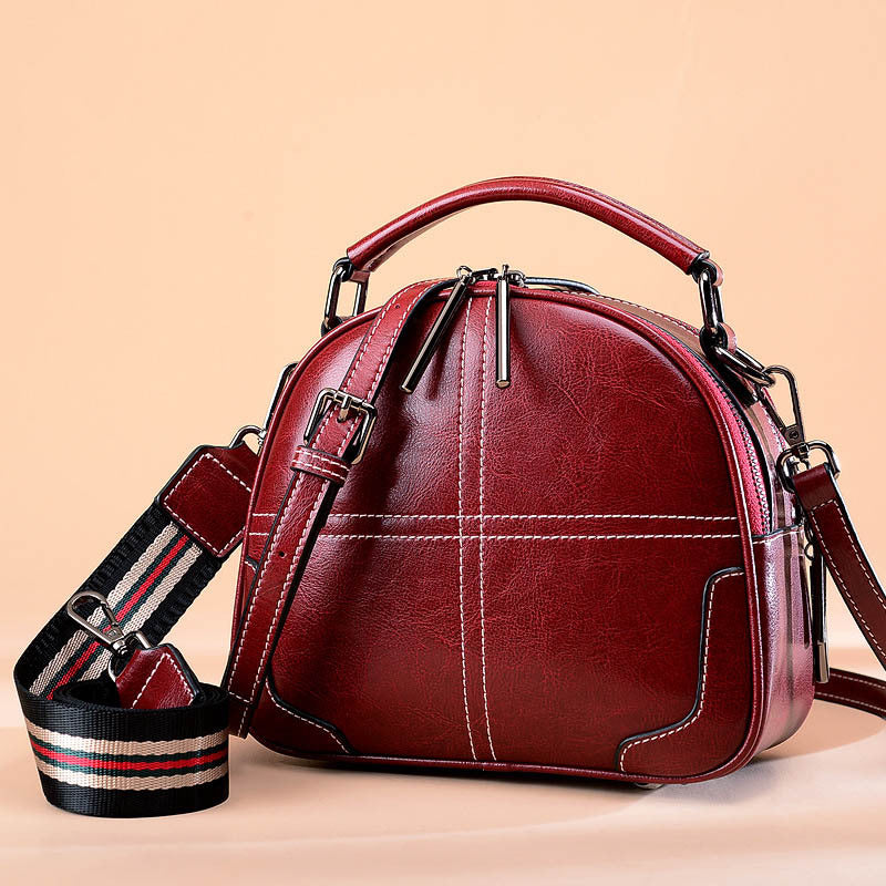 Classic Leather Handbag for Women - Round Two-Layer Cowhide Purse with Double Soft Handles (Wine Red/Black/Brown, 21x18.5x9cm)