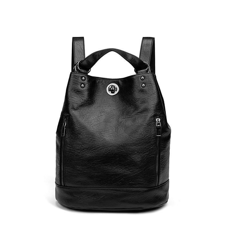Large Capacity PU Leather Backpack for Women - Stylish Travel Laptop Backpack with Belt Decoration (Genuine Leather Lining)