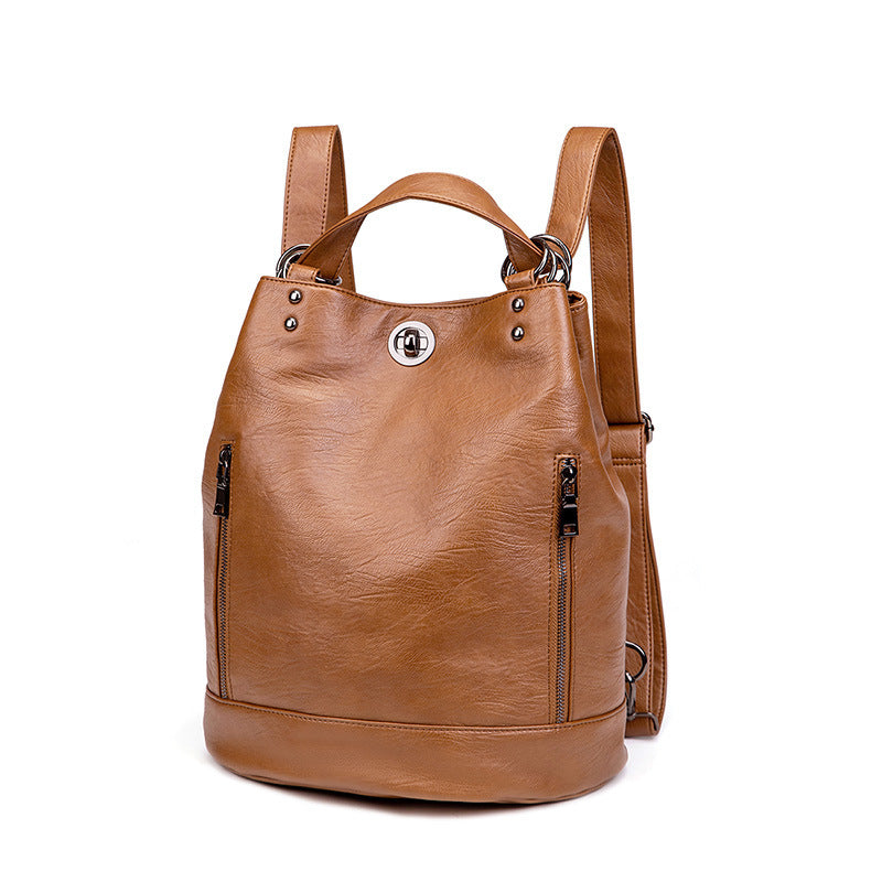 Large Capacity PU Leather Backpack for Women - Stylish Travel Laptop Backpack with Belt Decoration (Genuine Leather Lining)