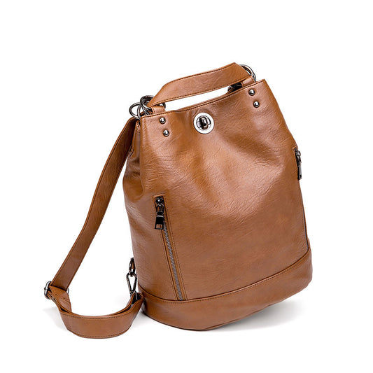 Large Capacity PU Leather Backpack for Women - Stylish Travel Laptop Backpack with Belt Decoration (Genuine Leather Lining)
