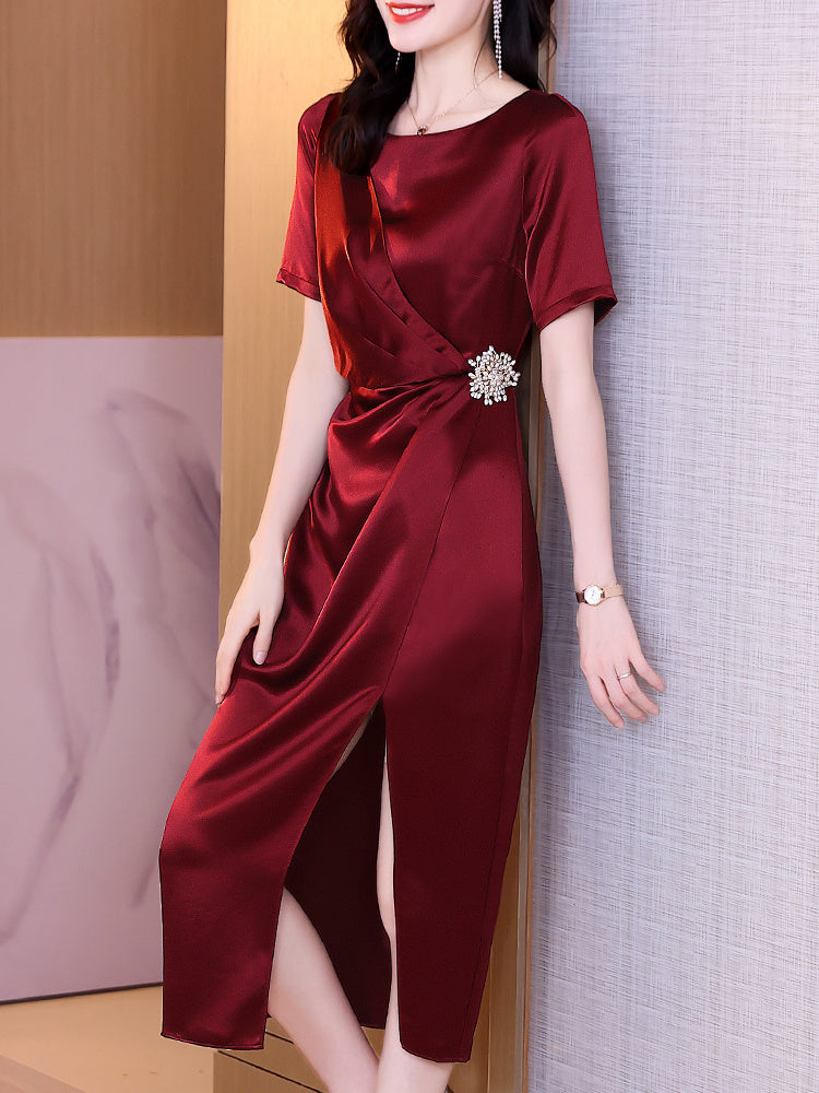Satin Dress Female Red Dress Long Skirt