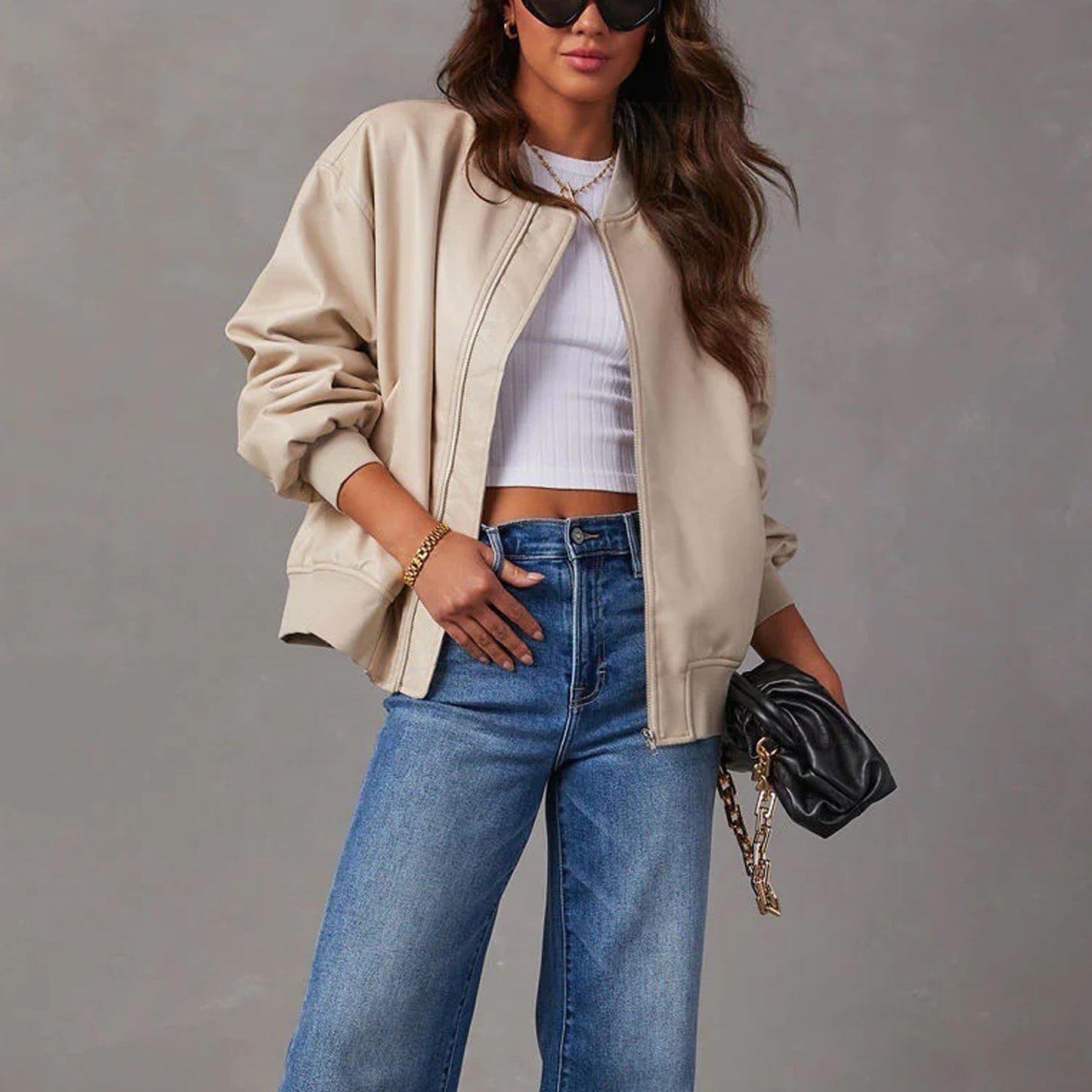 Women's Leather-Look Baseball Jacket - Long Sleeve Motorcycle Style Coat (Black/White/Brown, S-XL)