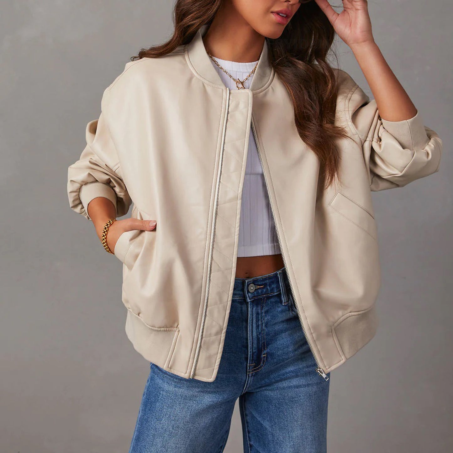 Women's Leather-Look Baseball Jacket - Long Sleeve Motorcycle Style Coat (Black/White/Brown, S-XL)
