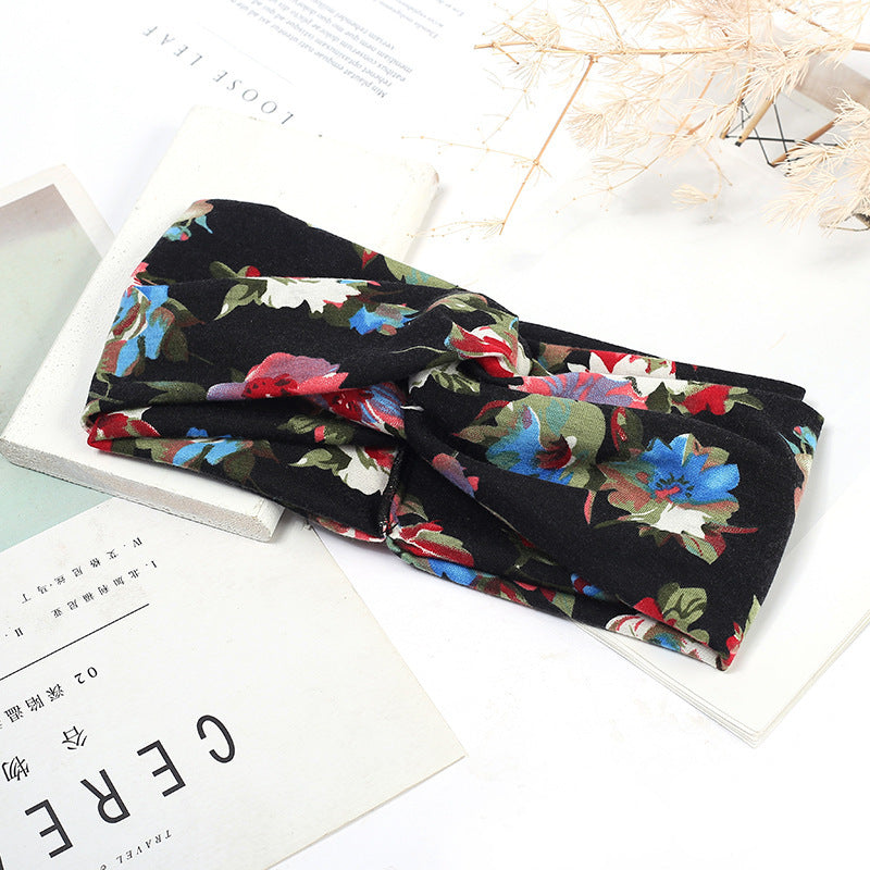 Sweat-absorbent And Anti-perspirant Bundled Headband With Wide-brimmed Print Headband