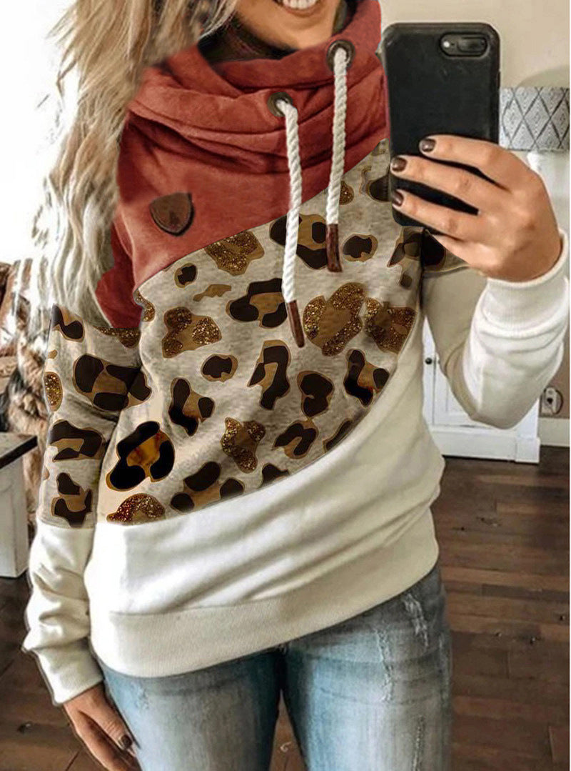 Printed stitching hooded fleece loose sweatshirt