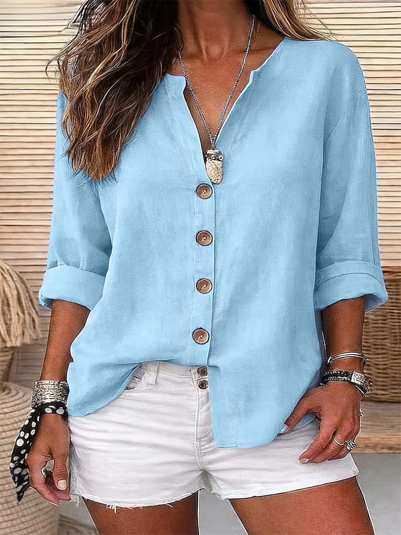 Womens V-neck Cotton-Linen Button-Down T-shirt Top