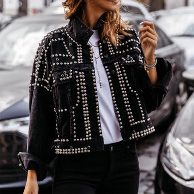 Washed denim rivet jacket street fighter motorcycle style