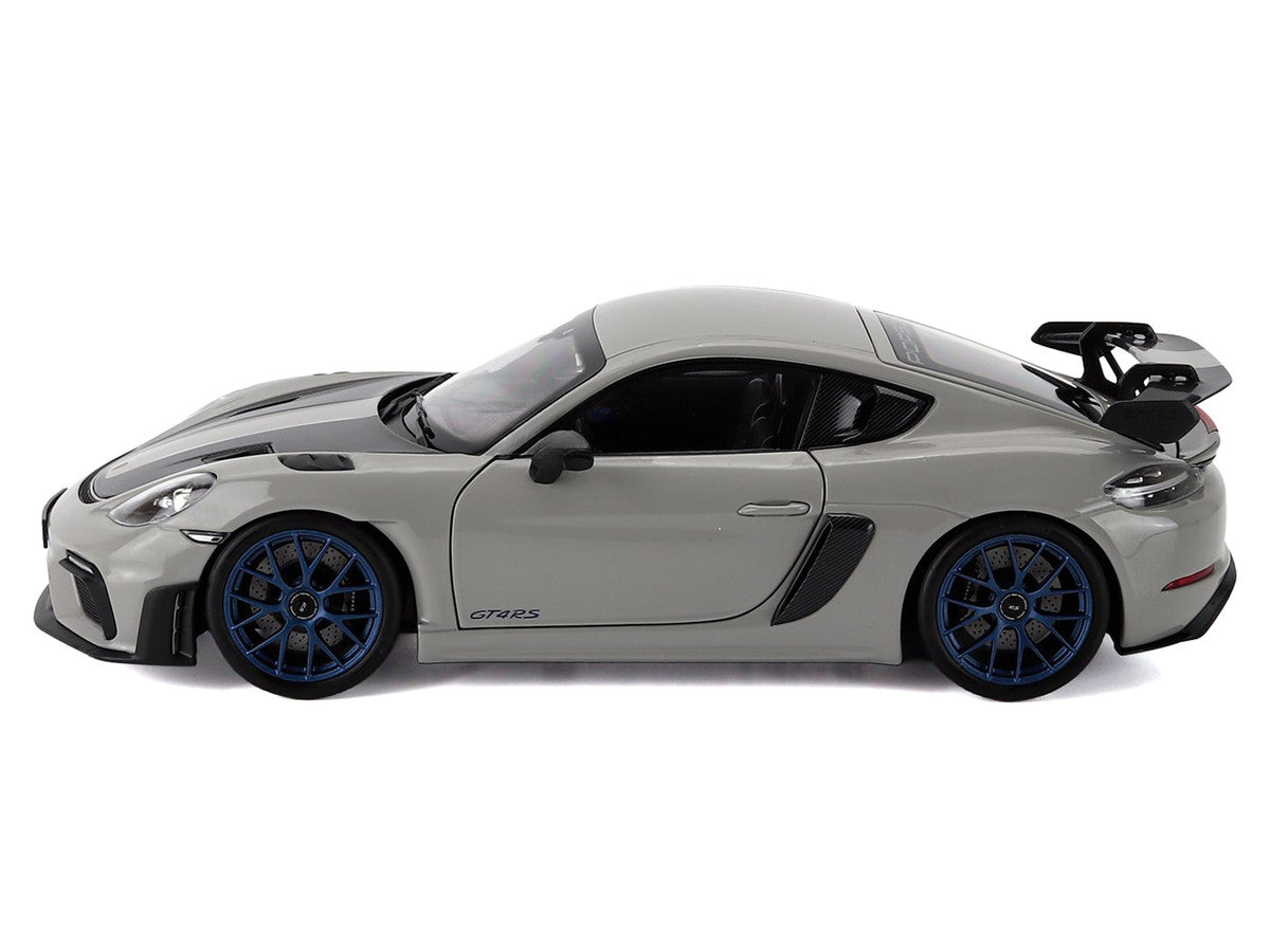 2023 Porsche Cayman GT4 RS Weissach Pack Chalk Gray with Carbon Hood Stripes 1/18 Diecast Model Car by Norev