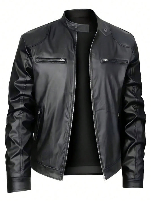 Men's Stand-up Collar Leather Jacket Business Casual Jacket