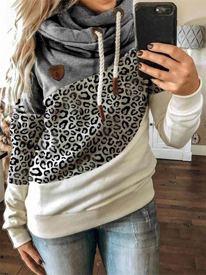 Printed stitching hooded fleece loose sweatshirt