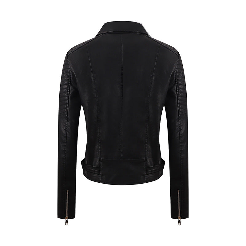 Women's Distressed PU Motorcycle Jacket - Slim Fit Biker Coat with Adjustable Belt (Black/Chocolate/Wine Red/Milky White, M-XXL)
