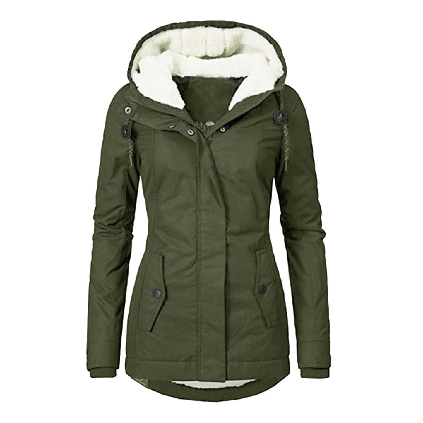 Winter Hooded Jacket Solid Color Warm Buckle Zip-up Fleece Jacket With Pockets Women's Casual Jacket