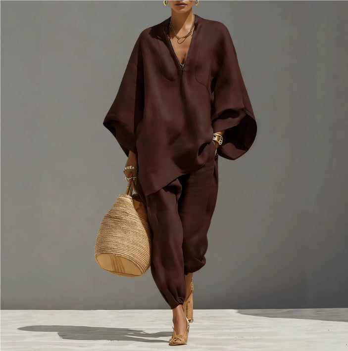 Women's Casual Loose Solid Color Shirt Set