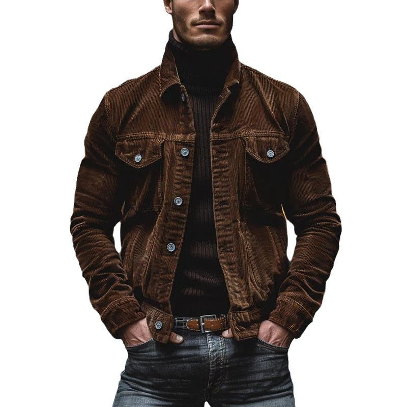 Men's Pocket Corduroy Long Sleeve Striped Lapel Jacket