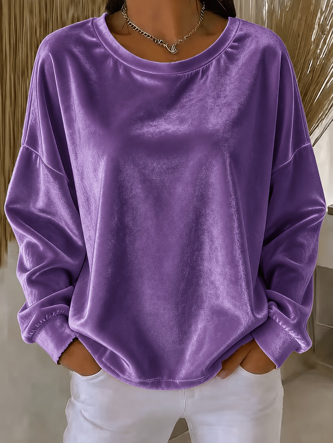 Casual Round-neck Velvet Solid-color Long-sleeve Shirt