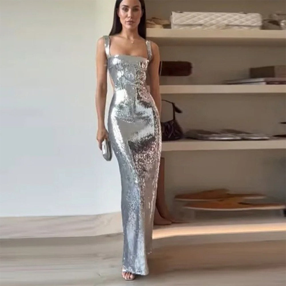 Silver Sequin Halter Dress
