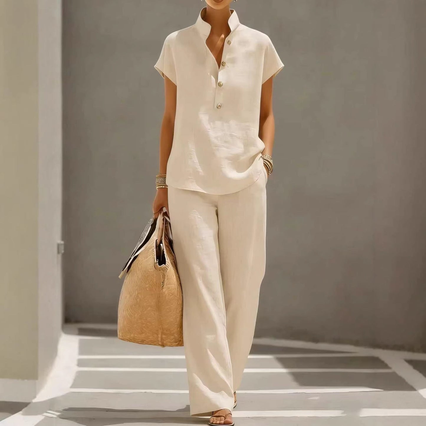 Casual Lazy-Style Cardigan Short-Sleeve Pants Solid-Color Set