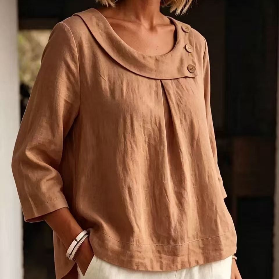 Casual Round-neck Shirt, Loose-fitting Top For Women