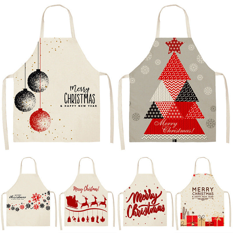 Christmas Deer Art Pattern Female Cleaning Home Cooking Kitchen Apron Chef Ear Cotton Linen