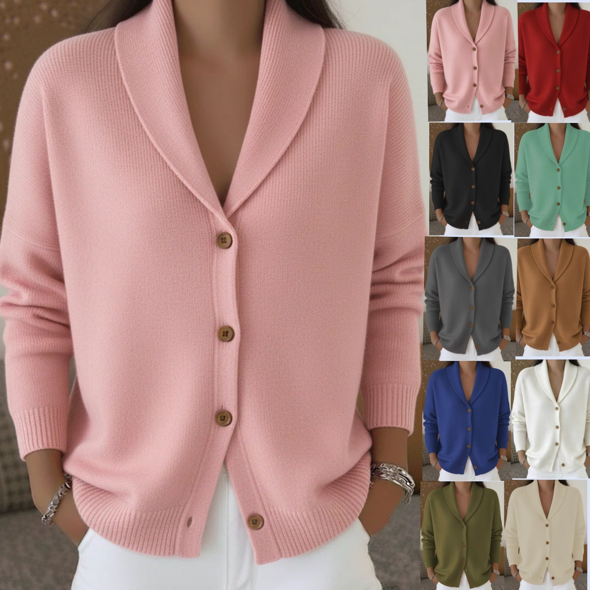 Womens Knitted Cardigan Loose-Fit Lazy Style Soft And Cozy Notch Lapel Solid Color Long-Sleeve Sweater