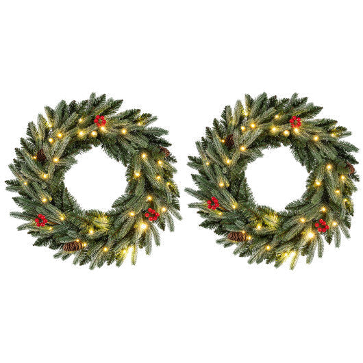 24"  Pre-lit Christmas Wreath Set of 2 Front Door Artificial Xmas Wreath with 90 Frosted Branch Tips