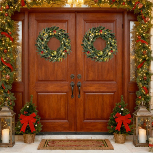 24"  Pre-lit Christmas Wreath Set of 2 Front Door Artificial Xmas Wreath with 90 Frosted Branch Tips