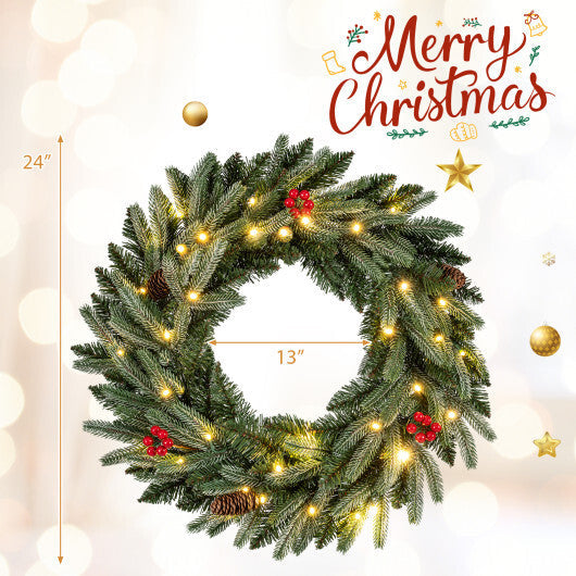 24"  Pre-lit Christmas Wreath Set of 2 Front Door Artificial Xmas Wreath with 90 Frosted Branch Tips