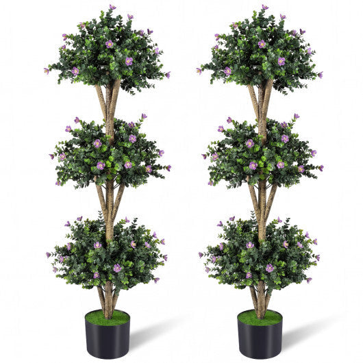 51" Artificial Triple Ball Boxwood Topiary Tree with 59 Blossoms Set of 2-Purple