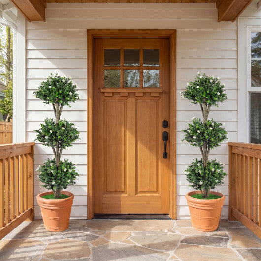 51" Artificial Triple Ball Boxwood Topiary Tree with 59 Blossoms Set of 2-Purple